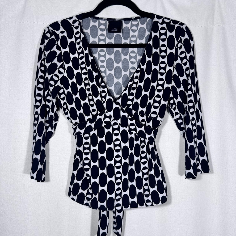 J.T.B. Geometric Print Y2K Tie-Back Blouse